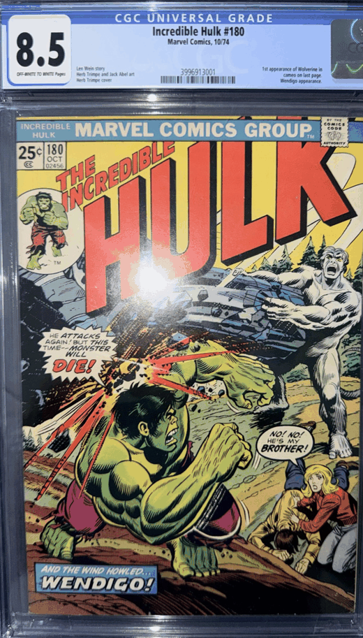 A CGC-graded copy of The Incredible Hulk 180, photographed by its owner